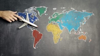 Top view of crop anonymous person holding toy airplane on colorful world map drawn on chalkboard